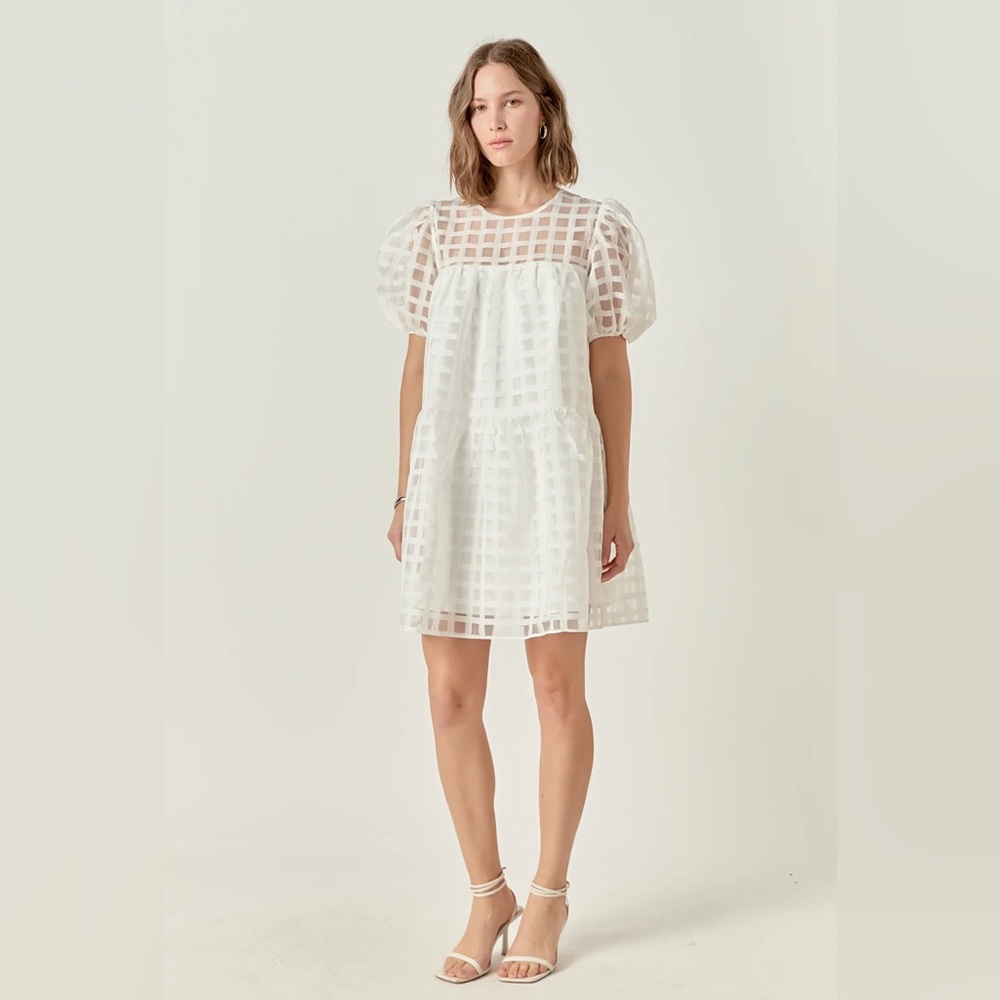 English Factory White Gridded Puff Sleeve Dress